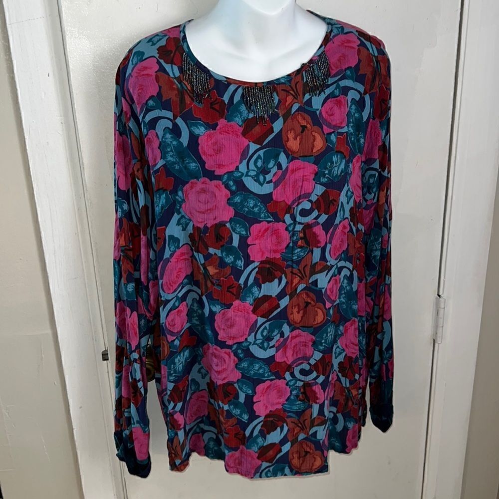 ONDE Vintage Floral Print Batwing Blouse-M
